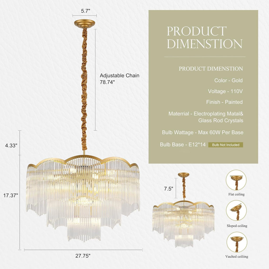 27.75" Gold Clear Glass Crystal Chandelier 14-Light Modern Crystal Pendant Ceiling Light Fixture 4-Tier Luxury Glass Chandeliers,for Dining Room Kitchen Island Living Room Bedroom