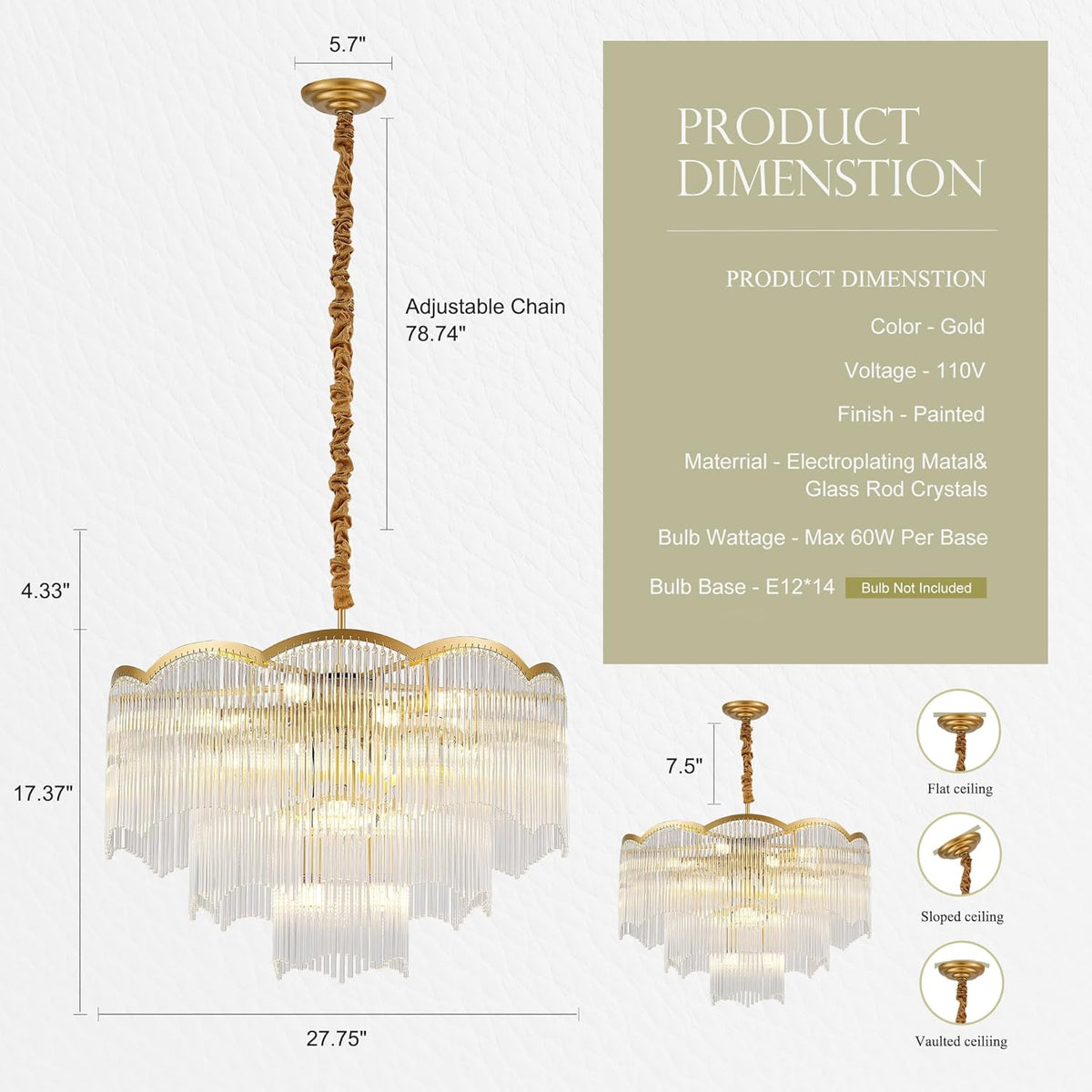 27.75" Gold Clear Glass Crystal Chandelier 14-Light Modern Crystal Pendant Ceiling Light Fixture 4-Tier Luxury Glass Chandeliers,for Dining Room Kitchen Island Living Room Bedroom