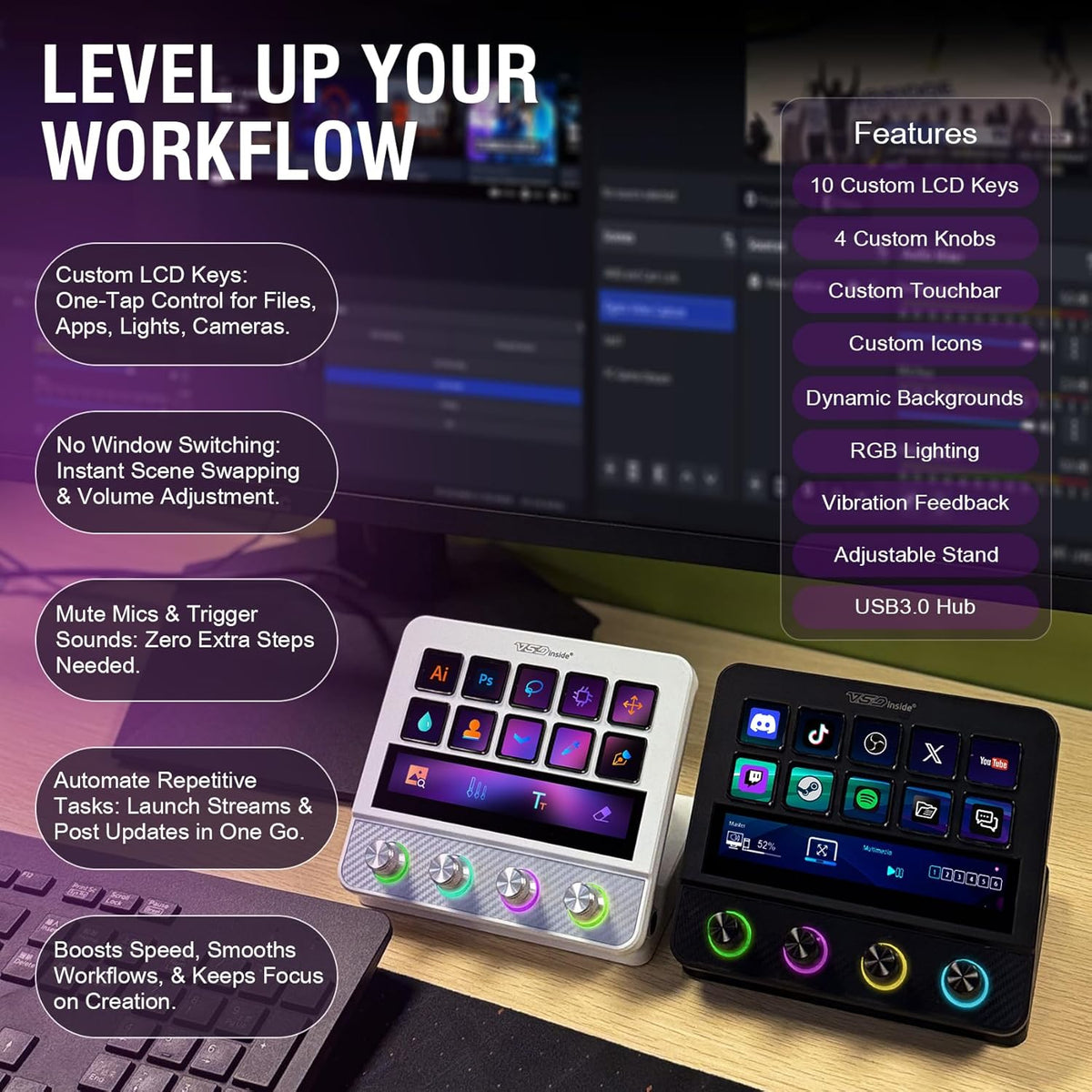 Macro Pad, Streaming Deck Stream Controller Soundboard Keypad, Programmable Keys USB Shortcut Keyboard for Gamer Streamer, Audio Mixer for OBS, YouTube, Office Desk Setup, PC, Mac