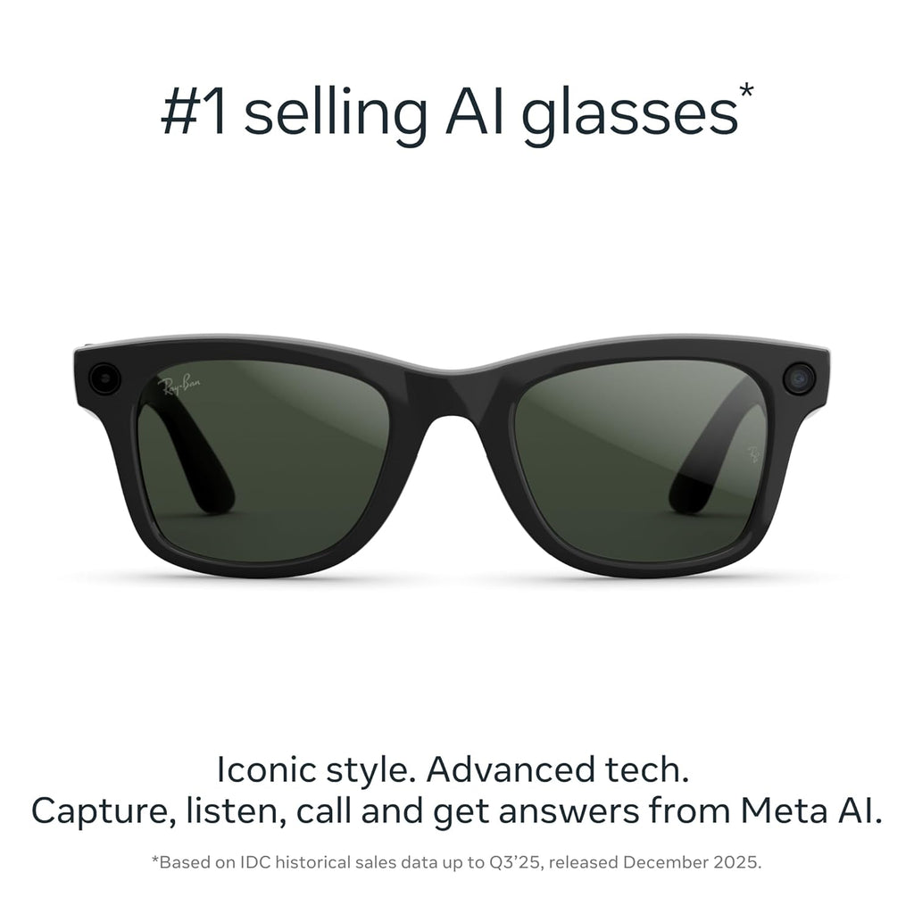 Ray-Ban Meta (Gen 2), Wayfarer, Shiny Black | Smart AI Glasses for Men, Women — 2X Battery Life — 3K HD Resolution — 12 MP Ultra-Wide Camera, Audio, Video — Transitions® Graphite Green Lenses