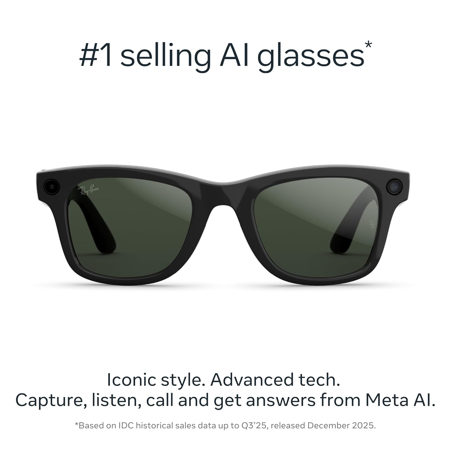 Ray-Ban Meta (Gen 2), Wayfarer, Shiny Black | Smart AI Glasses for Men, Women — 2X Battery Life — 3K HD Resolution — 12 MP Ultra-Wide Camera, Audio, Video — Transitions® Graphite Green Lenses
