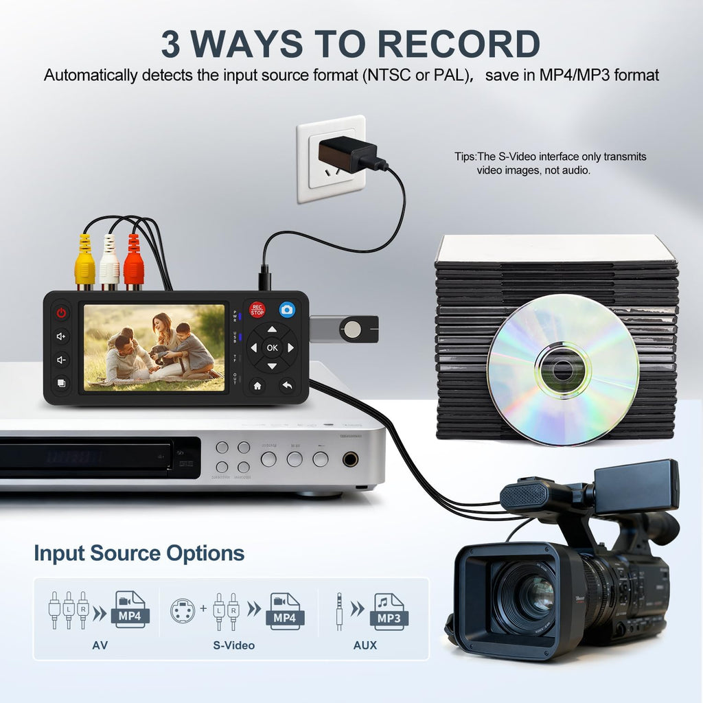 VHS to Digital Converter with 4" HD Screen, Video Capture Recorder Convert to MP4 Compatible with VHS, VCR, DVR, DVD, Hi8, Mini DV, Camcorders, Retro Consoles(Tapes/DVD Player Not Included)