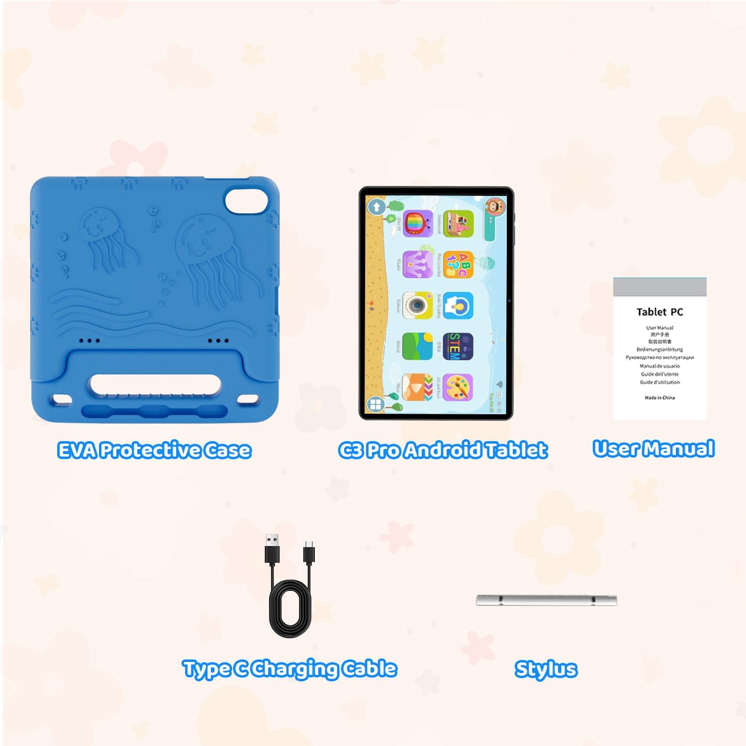 WXUNJA Android 15 Kids Tablet, 2025 Upgraded 10.1 Inch Tablets with Octa-core Processor, 6000mAh Battery, Kid Space, Parental Control,Pre-Loaded Kids Apps, 2.4/5GHZ Dual WiFi, Case Included, Blue