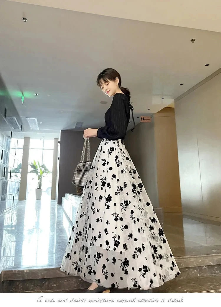 Women's 3D Posy Double-Layered Mesh Midi Skirt Long Floral Tulle Pleated Tutu  Mesh Skirts
