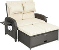 Outsunny Patio Rattan Daybed, Wicker Outdoor Daybed with Storage Ottoman, Loveseat Sofa with Adjustable Backrest, Side Tables, Cushions, Headrests, Double Sunbed Lounger for Balcony, Beige