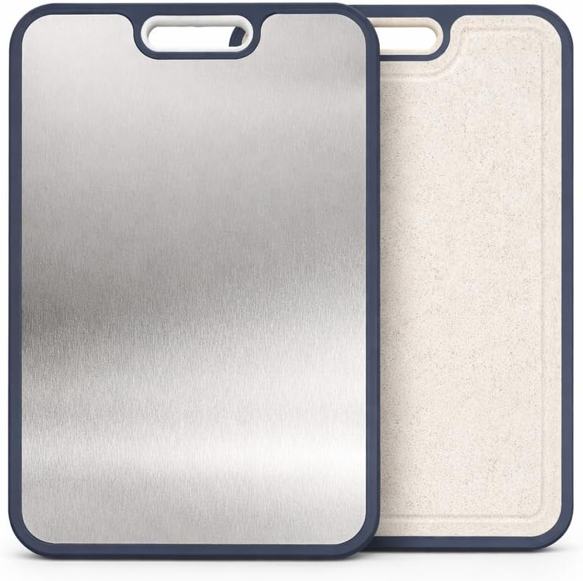 Stainless Steel Cutting Board 16 x 11 Inch, Double Sided Chopping Board with Wheat Straw Back, Vegetables & Fruit