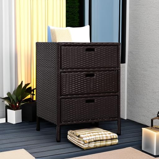 Outsunny Outdoor Towel Cabinet, PE Rattan Storage Organizer, Freestanding Towel Rack for Pool with 3 Drawers and Weather Safe Material, Brown