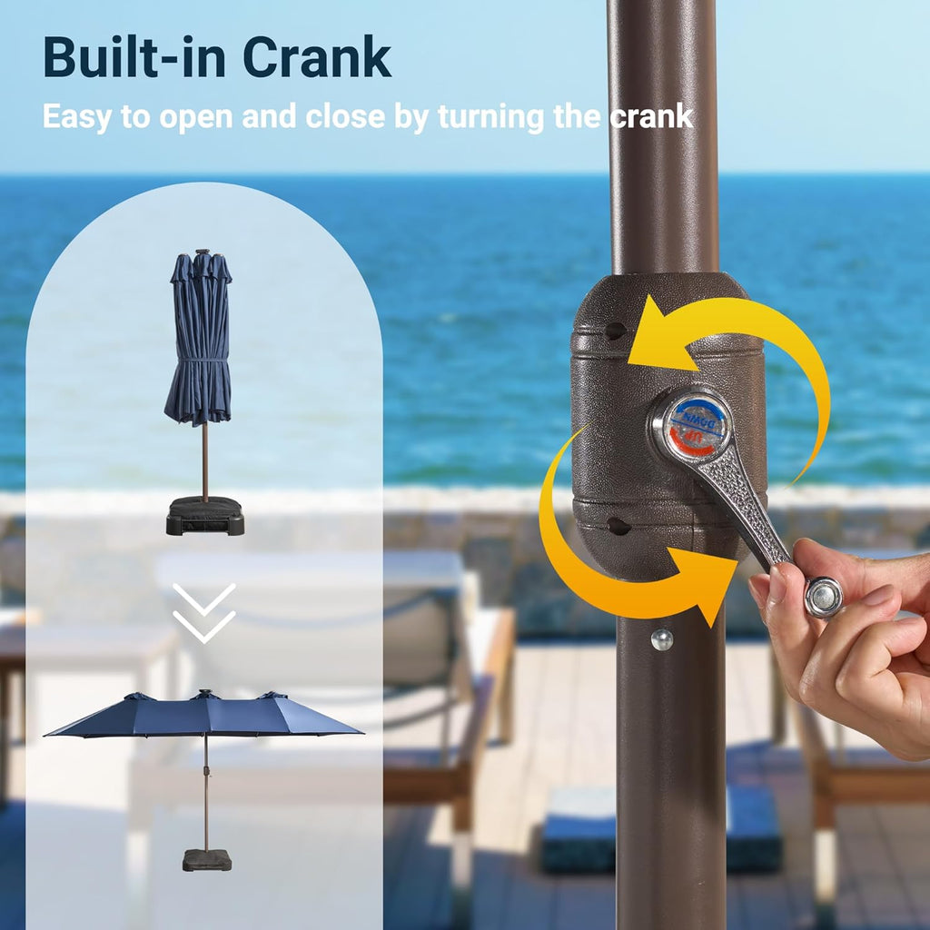 HOOOWOOO Outdoor Patio Umbrella With Solar Light,15 Ft Large Beach Umbrella,Picnic Parasol Sunshade W Base 156 Colorful LED APP Control DIY Light Modes Crank Handle For Backyard Deck Pool Shade
