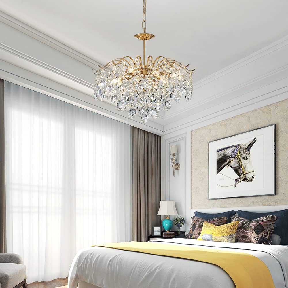 Saint Mossi 6-Light Gold Crystal Chandeliers, Middle Century Dining Room Light Fixture, Modern Pendant Light for Living Room, D20 x H17, Adjustable Chains 59", Chopper Finish Metal Frame