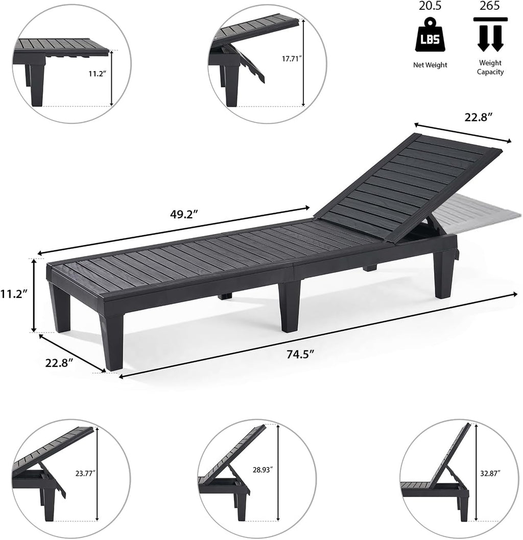Nestl Patio Chairs - Black Chaise Lounge Chair Outdoor, 5-Position Adjustable Sun Tanning Chair, Waterproof Pool Lounge Chairs Set of 2, Reclining Lawn Chair, Lightweight Outdoor Lounge Chairs
