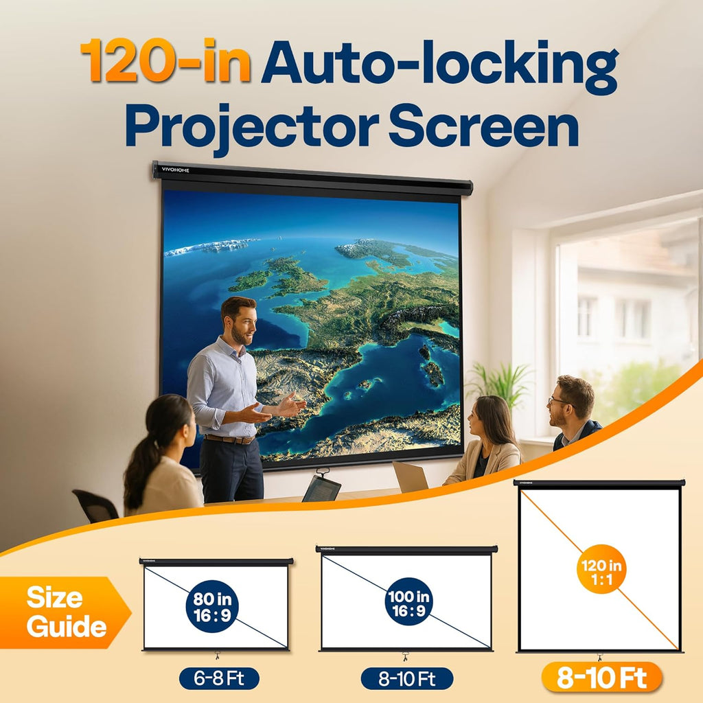 VIVOHOME 120 Inch 1:1 Pull Down Projector Screen, HD 4K Retractable Movie Screen for Indoor Home Theater and Office, Manual Projection Screen with Auto Locking (84Wx84H Inch Display Area), Black