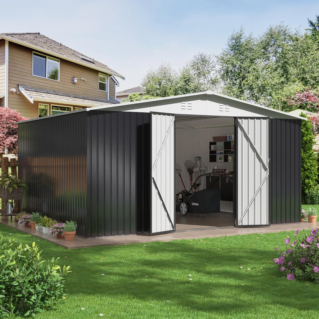 Polar Aurora 12x14 FT Outdoor Storage Shed, Garden Shed with Updated Frame Structure and Lockable Doors, Metal Tool Sheds for Backyard Garden Patio Lawn, White