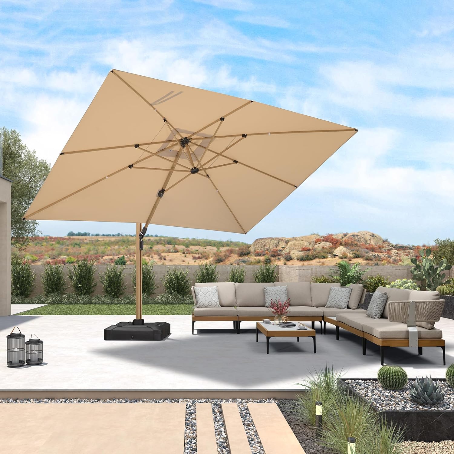 PURPLE LEAF 10' x 13' Rectangle Patio Cantilever Umbrella With Base Large Hanging Umbrella Teak Finished Aluminum Frame Windproof Offset Outdoor Sun Umbrellas for Beach Pool Deck, Beige
