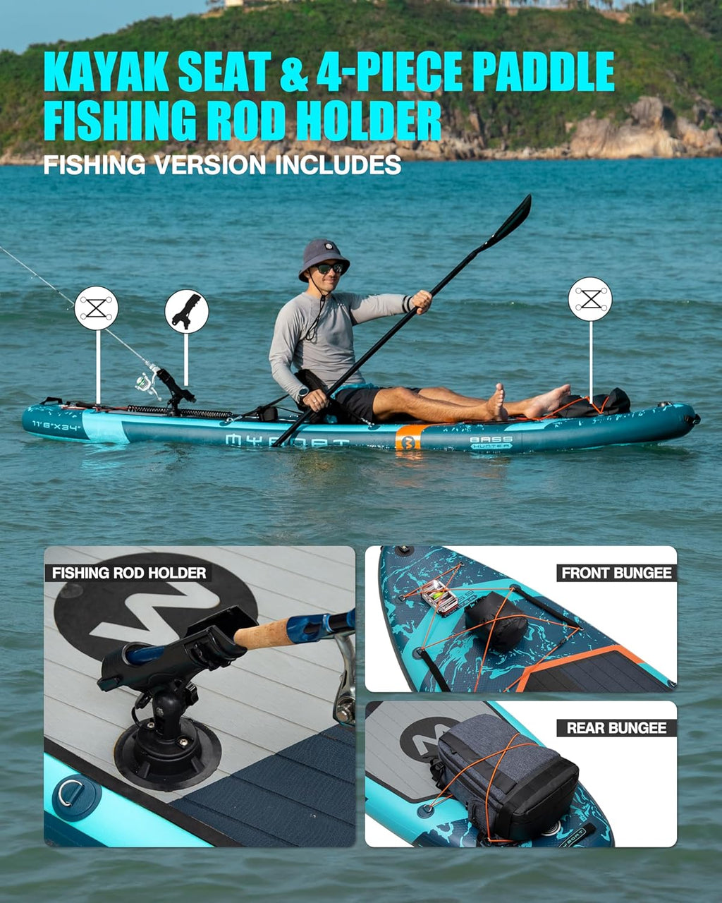 MYBOAT 11'6"×34"×6" Extra Wide Inflatable Paddle Board, Stand Up Paddle Board for Fishing, Sup Board with 3 Removable Fins, Dual Bungees, Camera Mount, Hand Pump, Strong Paddle,Leash