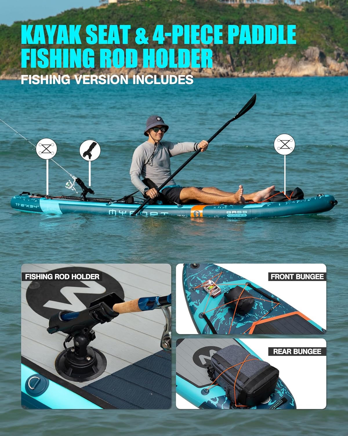 MYBOAT 11'6"×34"×6" Extra Wide Inflatable Paddle Board, Stand Up Paddle Board for Fishing, Sup Board with 3 Removable Fins, Dual Bungees, Camera Mount, Hand Pump, Strong Paddle,Leash