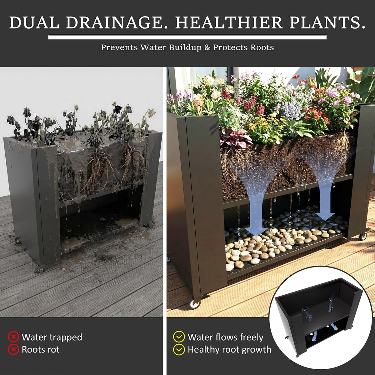 Metal Planter Box with Wheels, 36" Large Rolling Outdoor Planter with Drainage & Removable Shelf, Rectangular Planter Raised Garden Bed for Patio, Balcony, Porch & Backyard, Black