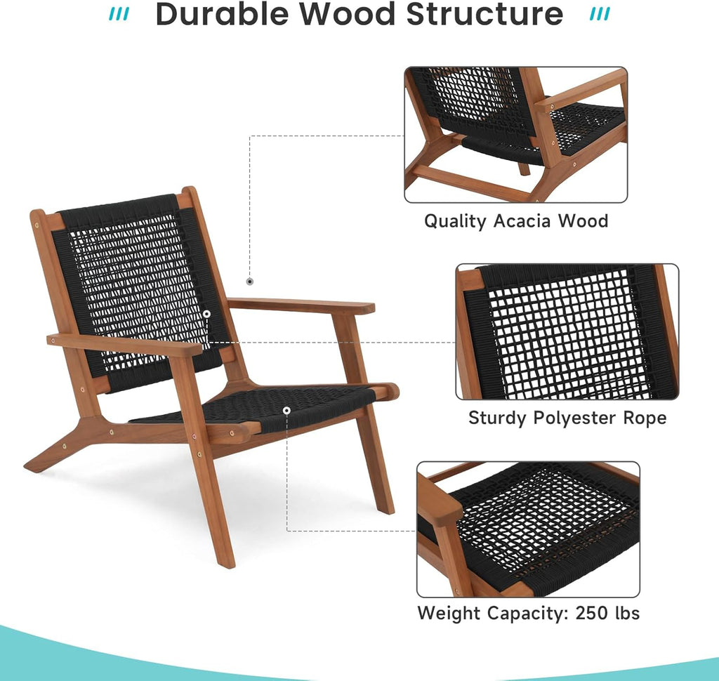 Verano Garden Mid Century Modern Accent Armchair Set of 2, Reading Lounge Chair with Handwoven Rope and Solid Acacia Wood Frame for Living Room, Bedroom, Patio,Balcony