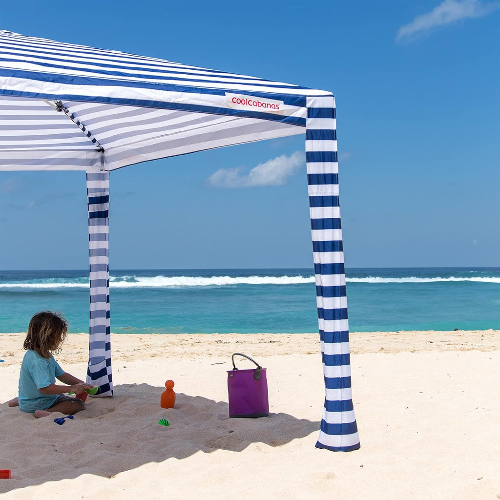 CoolCabana Beach Shade Tent - Easy Setup, UPF 50+ Protection, Large & Medium Sizes, Compact & Wind Resistant - Beach Cabana for The Whole Family - Navy Stripes, Large