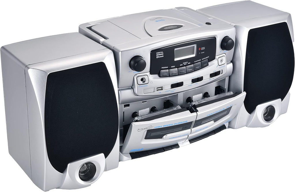 Supersonic SC-2121BT Bluetooth Entertainment Audio System, Bluetooth 5.0, op Loading MP3/CD Player, AM/FM Radio, USB Input, Double Cassette Recorder, High-Performance Detachable Speakers, AC/DC
