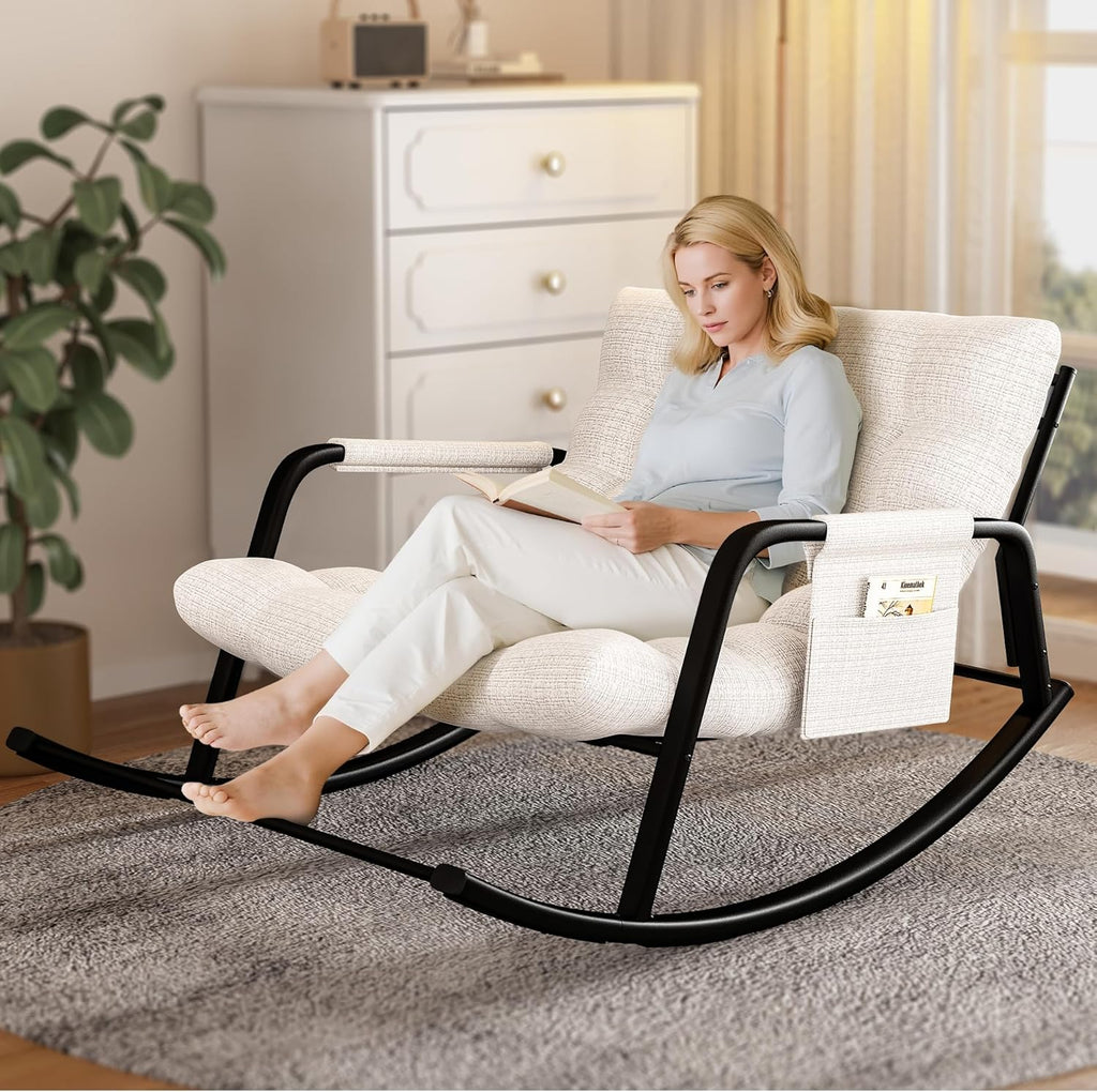 lavimiya Indoor Outdoor Patio Rocking Chairs, Papasan Rocking Chairs, Double Papasan Chair with Cushion, Oversized Modern Rocker Chairs for Living Room, Bedroom, Porch, Garden