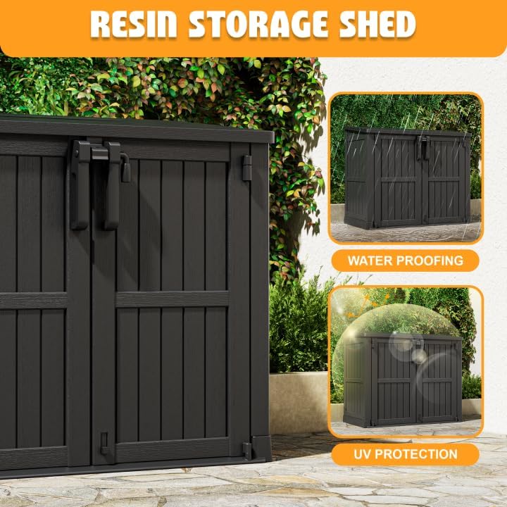 LHBcraft Outdoor Storage Cabinet 36 Cu Ft with Lockable Doors, Portable Horizontal Resin Storage Shed - Easy to Assemble, Waterproof Small Storage Shed with Floor Black