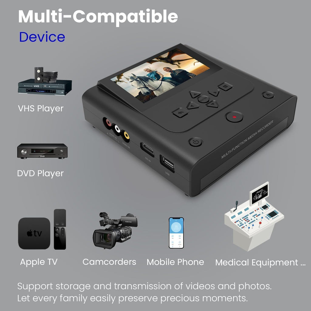 VHS to DVD Recorder, VCR to DVD Recorder-Convert Photos and Videos Between VHS,VCR,Memory Card .DVD and USB. Phone can use a Free app to Burn Videos and Photos, Also has TV Recording Function（Black）