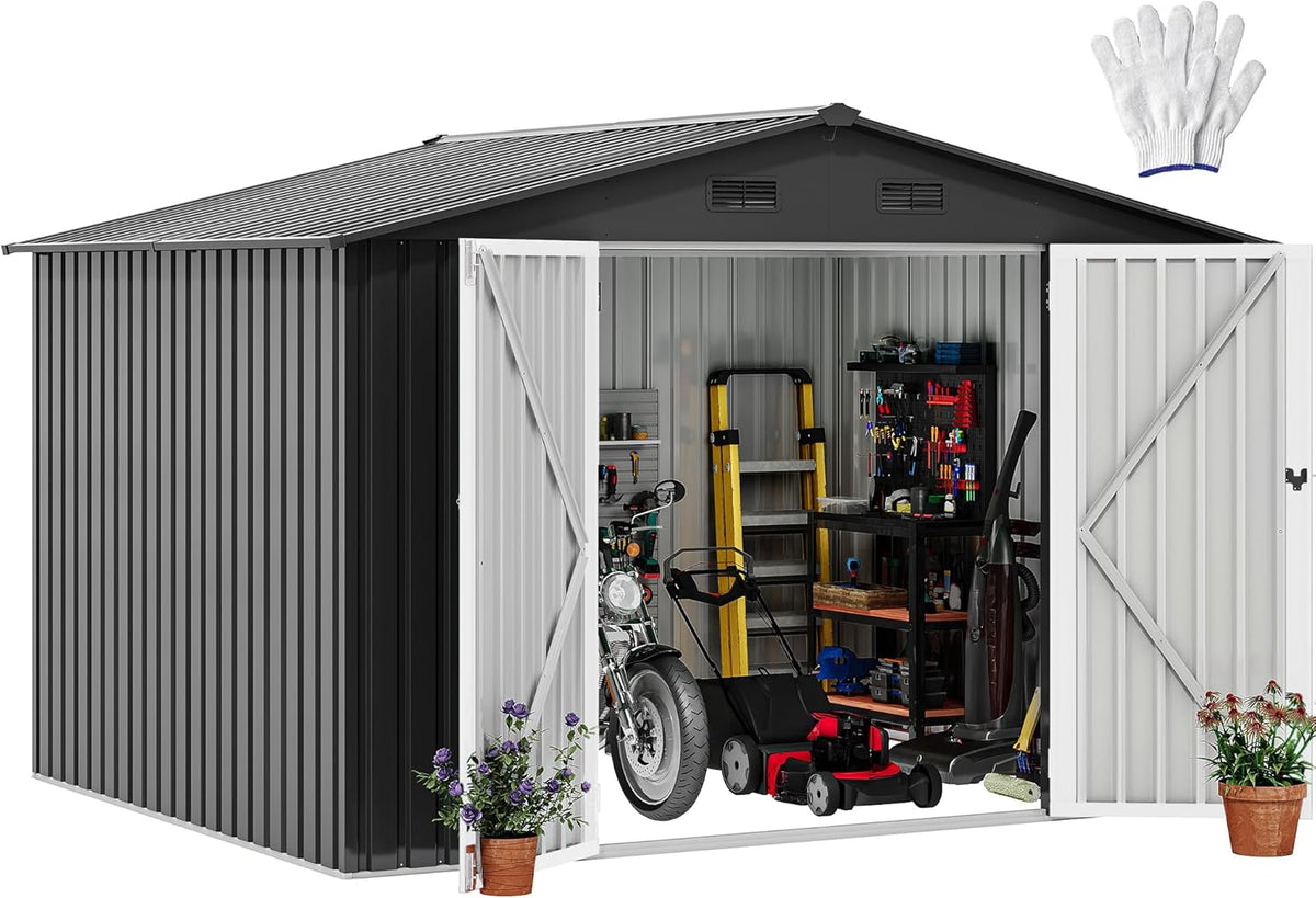 DWVO 10x8FT Outdoor Storage Shed, Spacious Metal Tool Shed with Lockable Doors & Ventilation for Patio, Lawn, and Backyard, Ideal for Storing Garden Equipment, Lawnmowers, and Bicycles, Dark Gray