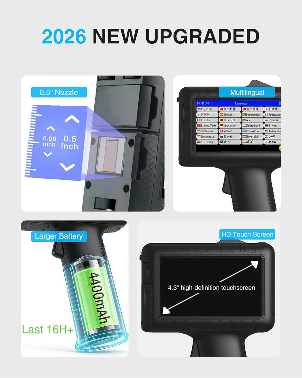 Handheld Inkjet Printer for Logo Batch Number Expiration Date Barcode Serial Number on Anything Glass Farbic Wood Plastic Cardboard Metal Clothes,42ml Fast Dry Ink,Last 16H,0.5 Inch Nozzle
