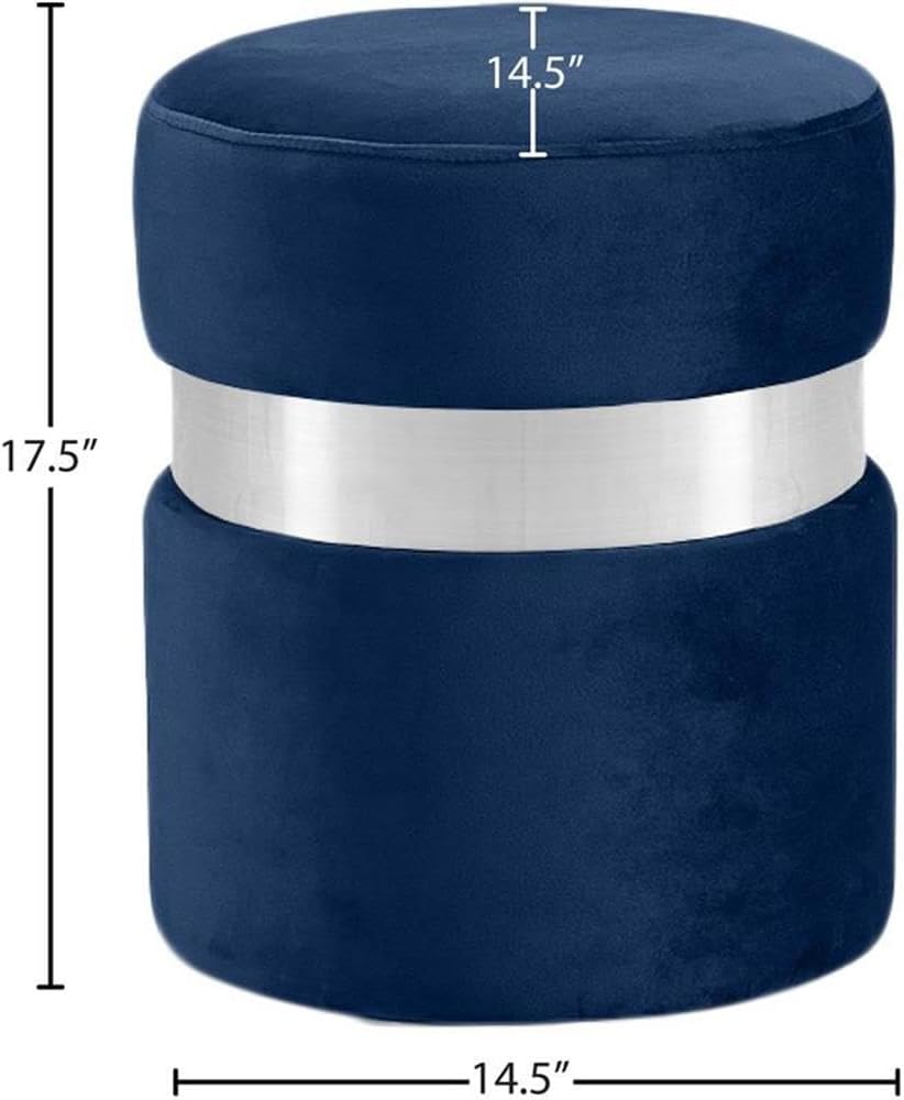Meridian Furniture Hailey Collection Modern | Contemporary Velvet Upholstered Ottoman/Stool with Stainless Steel Band, 14.5" W x 14.5" D x 17.5" H, Navy
