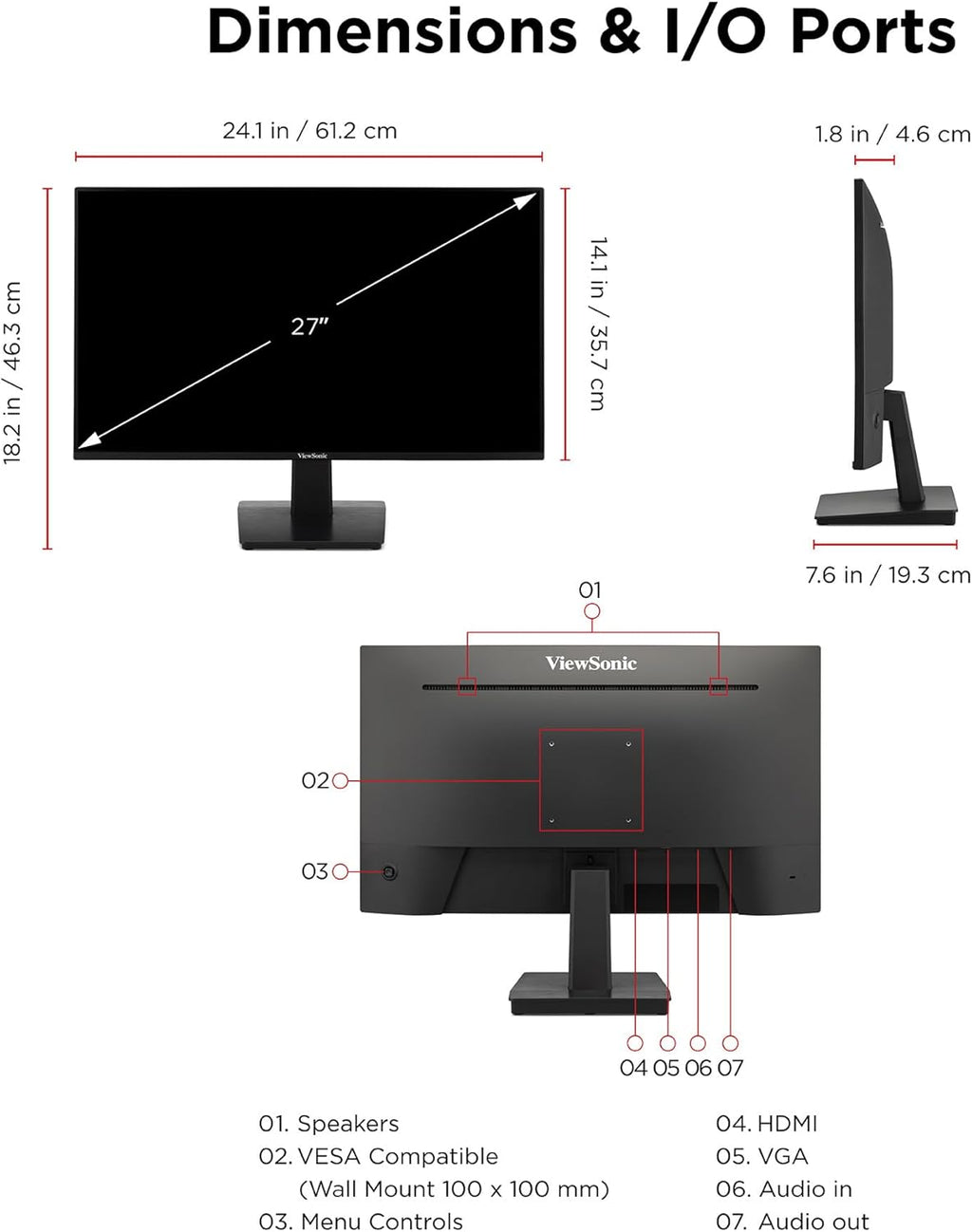 ViewSonic VA2748-MH 27 Inch 1080p Monitor, IPS Display with 120Hz for Immersive Home and Office Viewing, Variable Refresh Rate, HDMI, and VGA Inputs
