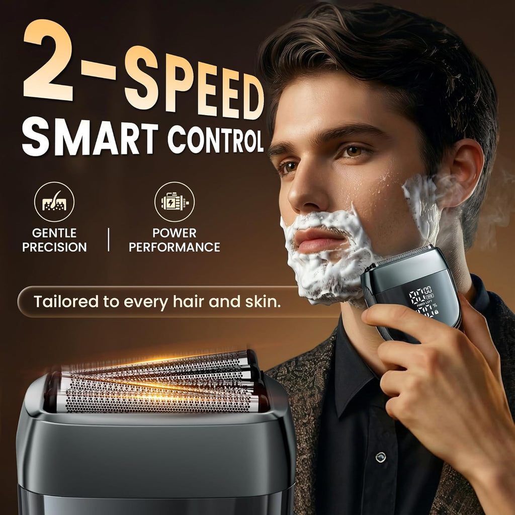Electric Foil Shaver for Men: Upgraded 5-Blade System, IPX8 Waterproof & LED Display, 2 Power Levels,90-Min Runtime,USB-C Fast Charge with Magnetic Guard & Brush Flannel Gray