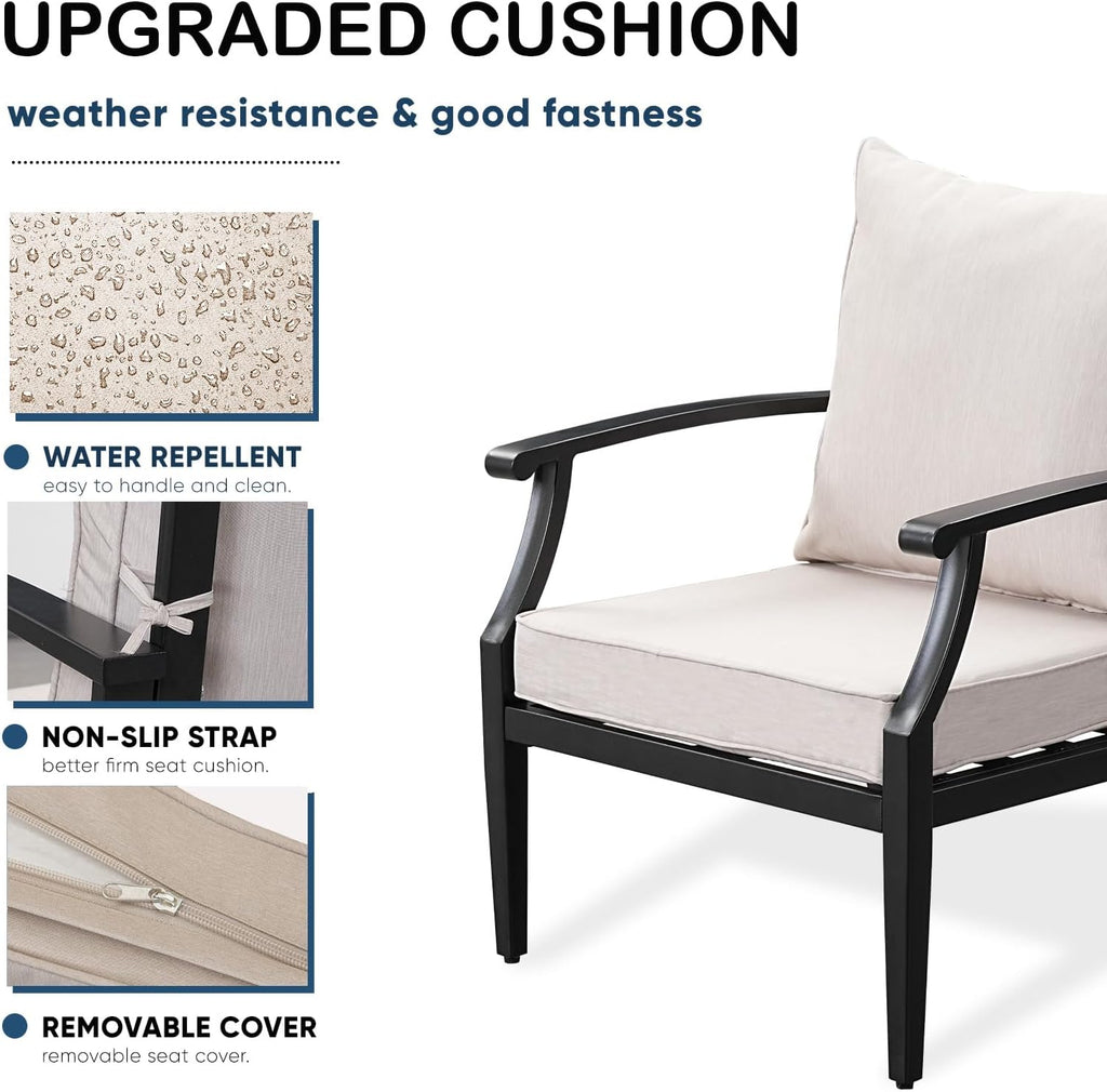 4 Piece Outdoor Patio Furniture Set, Oversized Metal Conversation Set with High Back & Deep Seating, Water-Repellent Cushions, Coffee Table for Porch, Deck, Backyard, Beige