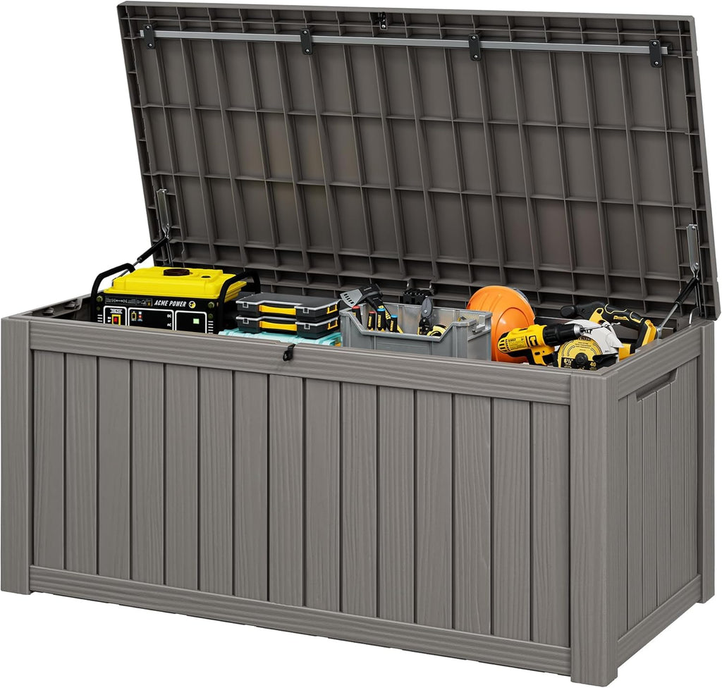 150 Gallon Outdoor Storage Box, Resin Deck Boxes Outdoor Waterproof For Patio Furniture, Garden Tools, Pool Supplies, Lockable And UV Resistant (Striped Gray)