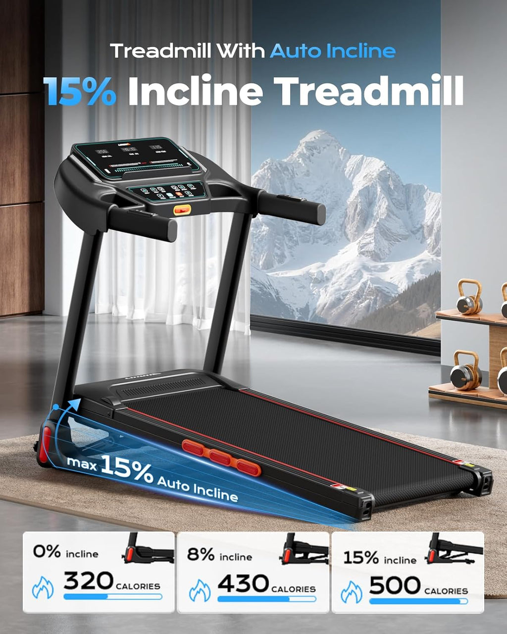 LIJIUJIA Treadmill for Home,Treadmills with 0%-15% Auto Incline,3HP Brushless,300 LBS,LED Display,Pulse Monitor