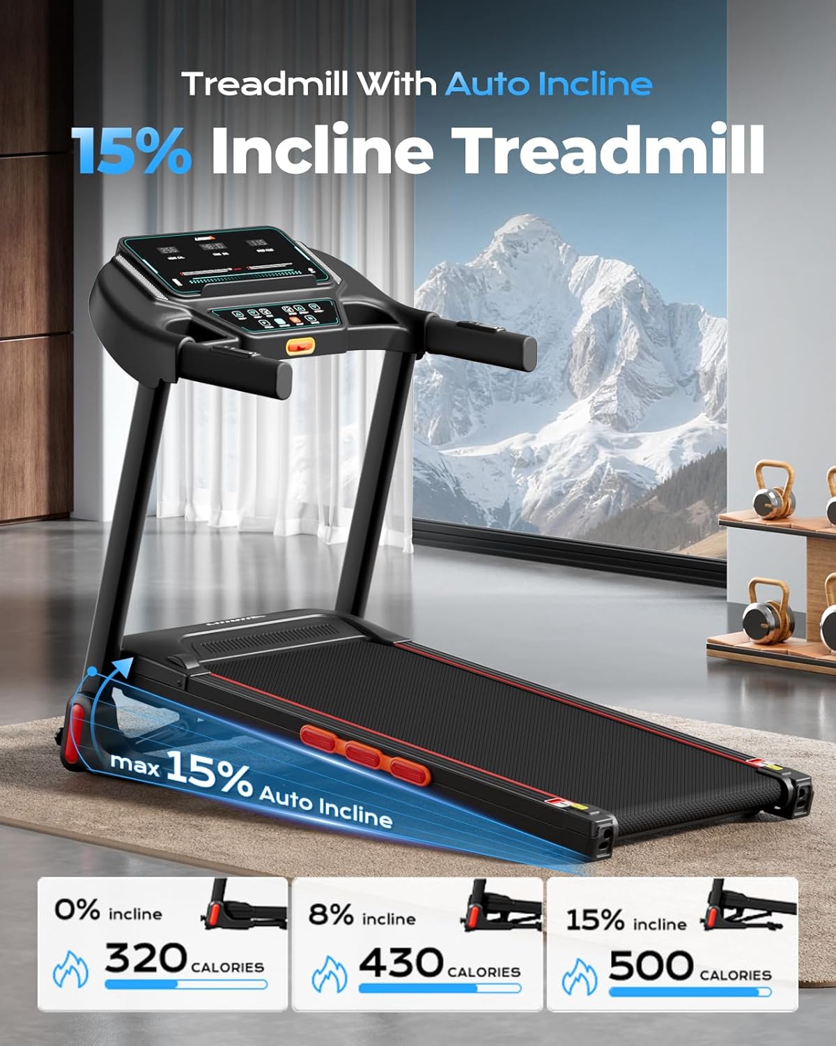 LIJIUJIA Treadmill for Home,Treadmills with 0%-15% Auto Incline,3HP Brushless,300 LBS,LED Display,Pulse Monitor