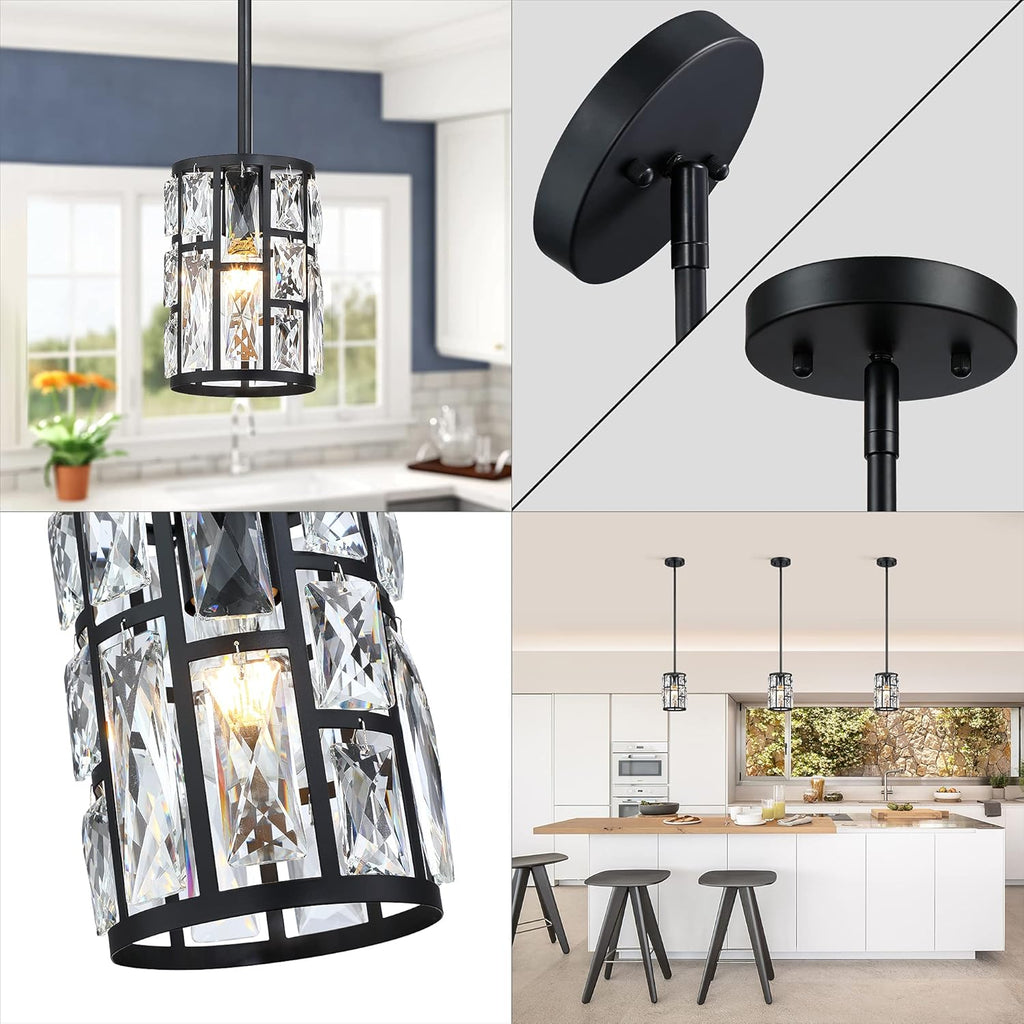 MEXO Modern Crystal Pendant Light Fixture 2-Pack Matte Black Finish Hanging Lighting Crystal Chandelier for Living Room, Kitchen