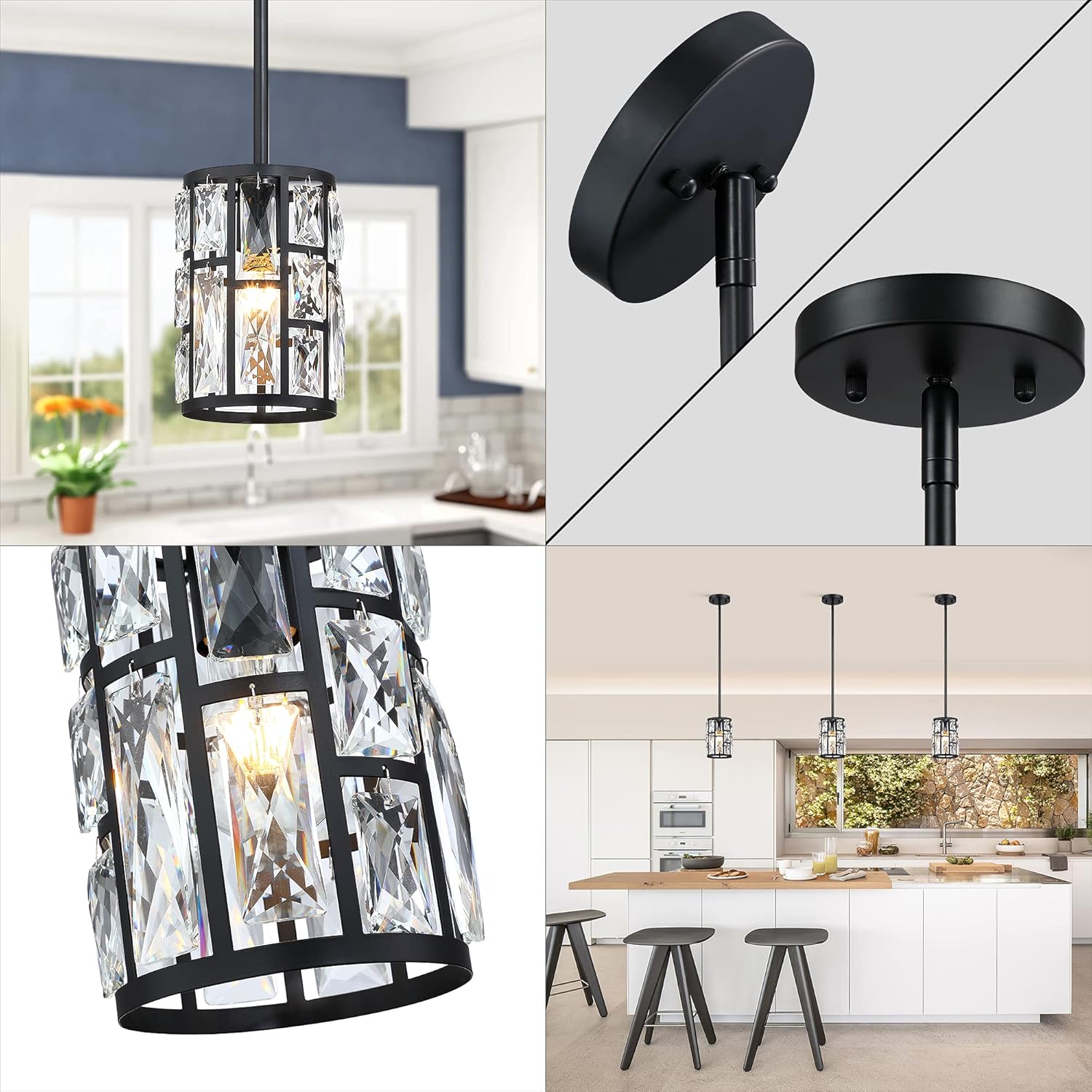 MEXO Modern Crystal Pendant Light Fixture 2-Pack Matte Black Finish Hanging Lighting Crystal Chandelier for Living Room, Kitchen