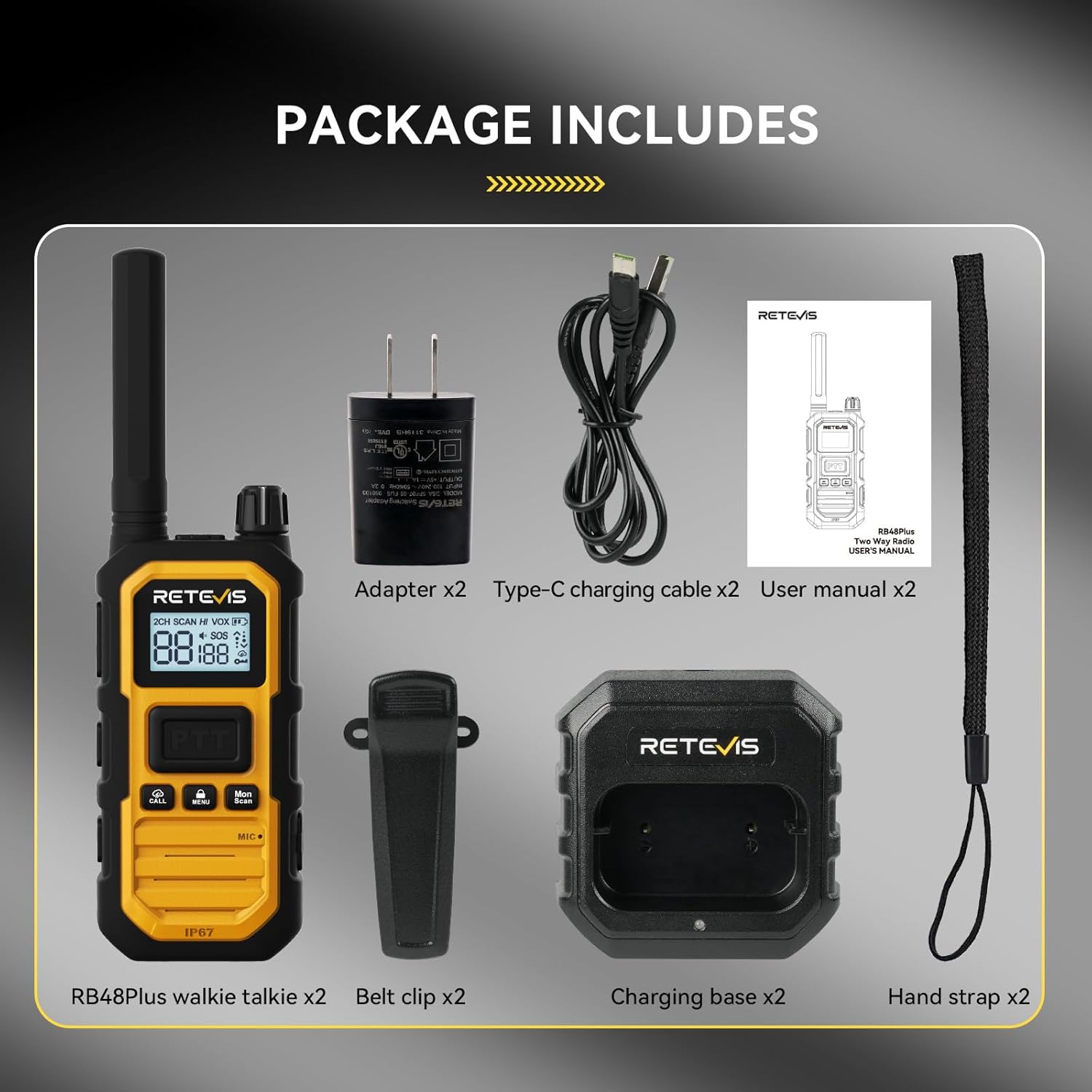 Retevis RB48 Plus Walkie Talkies Long Range, IP67 Waterproof Heavy Duty GMRS Two Way Radios, NOAA, USB-C Rechargeable, Vibration Alert, Emergency 2 Way Radios, for Off-Roading Hunting(2 Pack)