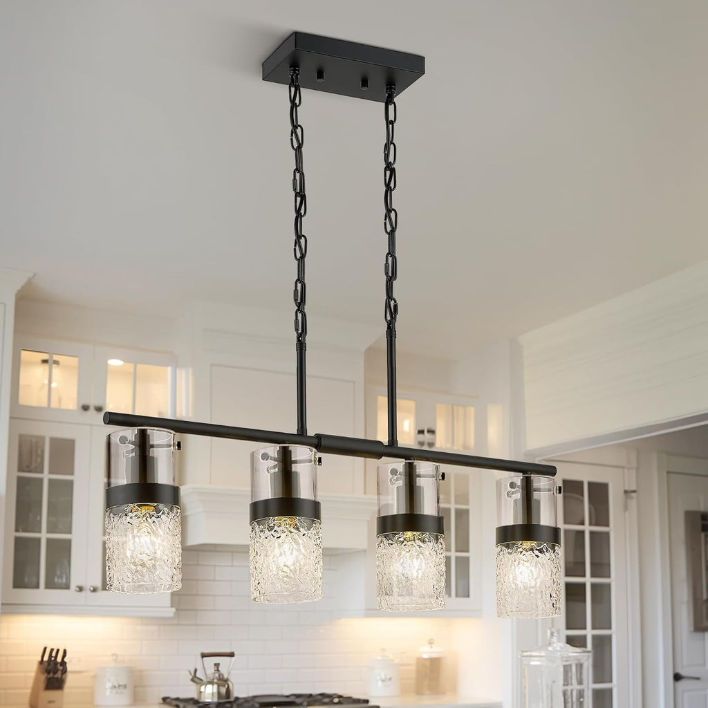 LMS 4-Light Island Lights, Farmhouse Light Fixtures with Hammered Glass Shade, Matte Black Linear Chandelier Pendant Lighting Over Table for Adjustable Height, Kitchen Island, LMS-171BK-4