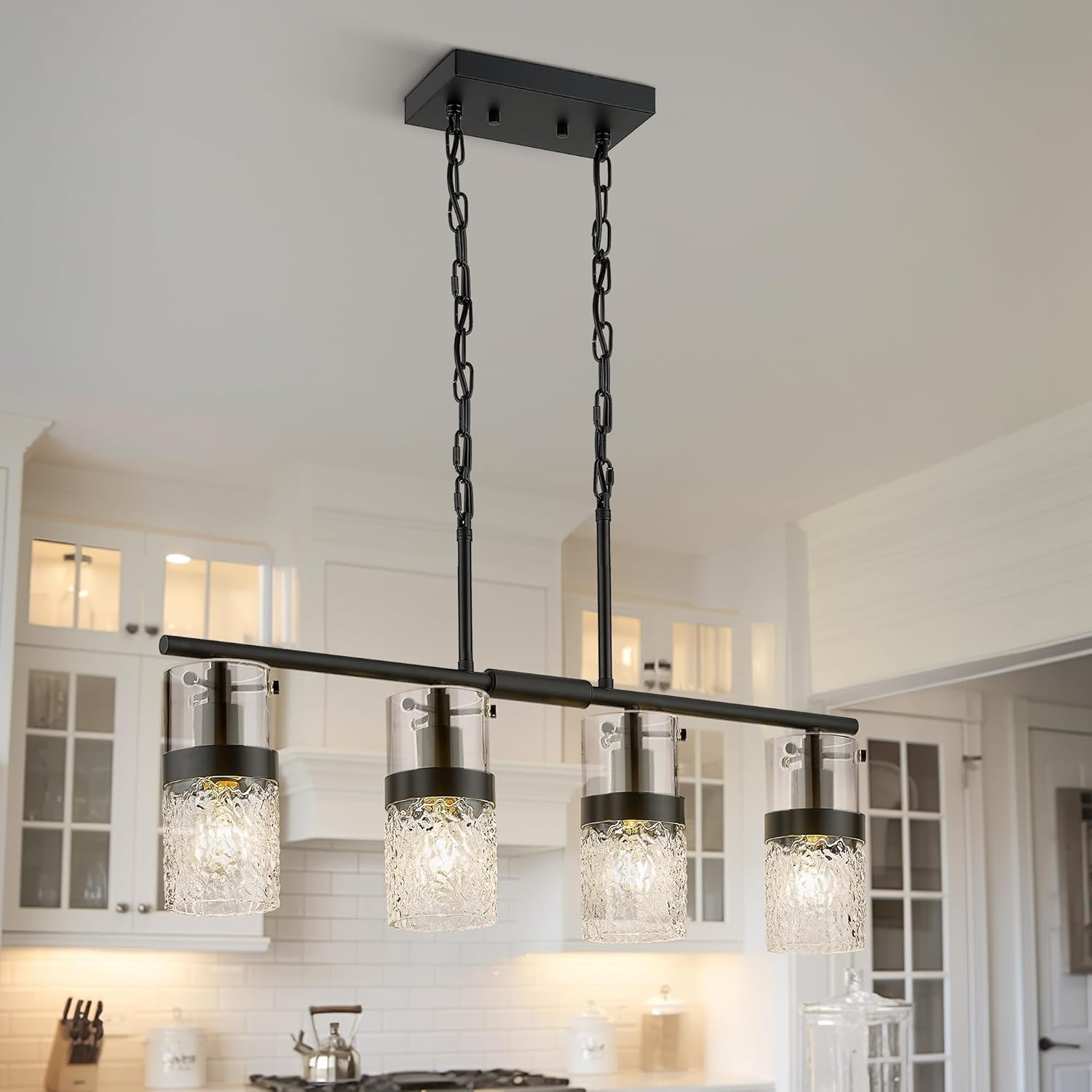 LMS 4-Light Island Lights, Farmhouse Light Fixtures with Hammered Glass Shade, Matte Black Linear Chandelier Pendant Lighting Over Table for Adjustable Height, Kitchen Island, LMS-171BK-4