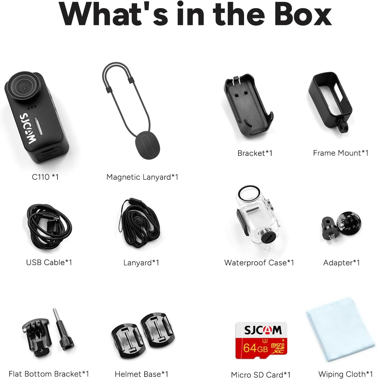 SJCAM C110Plus POV Camera,64GB 4K Mini POV Body Camera,170° FOV,6-Axis Stabilization, Waterproof,Wearable Action Camera for Underwater,Skiing,Biking,Kids,Helmet Mount