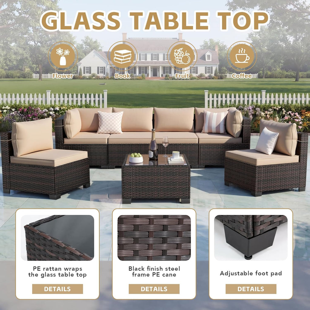 LEVELEVE 7 Pieces Outdoor Patio Furniture Sets,Rattan Conversation Sectional Set,Manual Weaving Wicker Patio Sofa with Tea Table