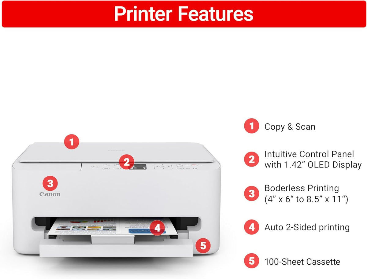 Canon PIXMA TS6520 Wireless Color Inkjet Printer Duplex Printing, White – Home Printer with Copier/Scanner, 1.42” OLED Display, Intuitive Control Panel, Compact Design