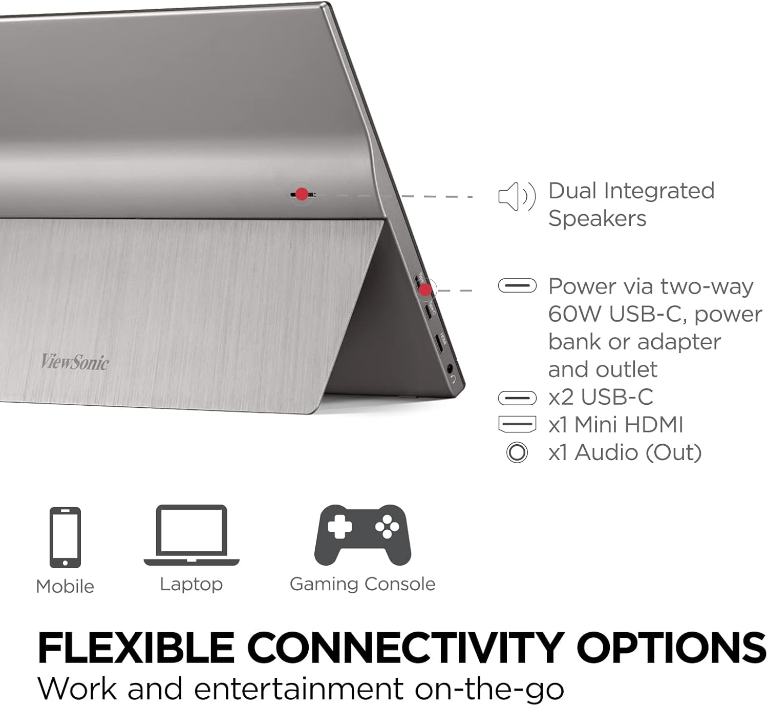 ViewSonic TD1655 15.6" 1080p IPS Touch Portable Monitor, 2 Way 60W USB C, Dual Speakers, Built in Stand with Cover (Renewed)