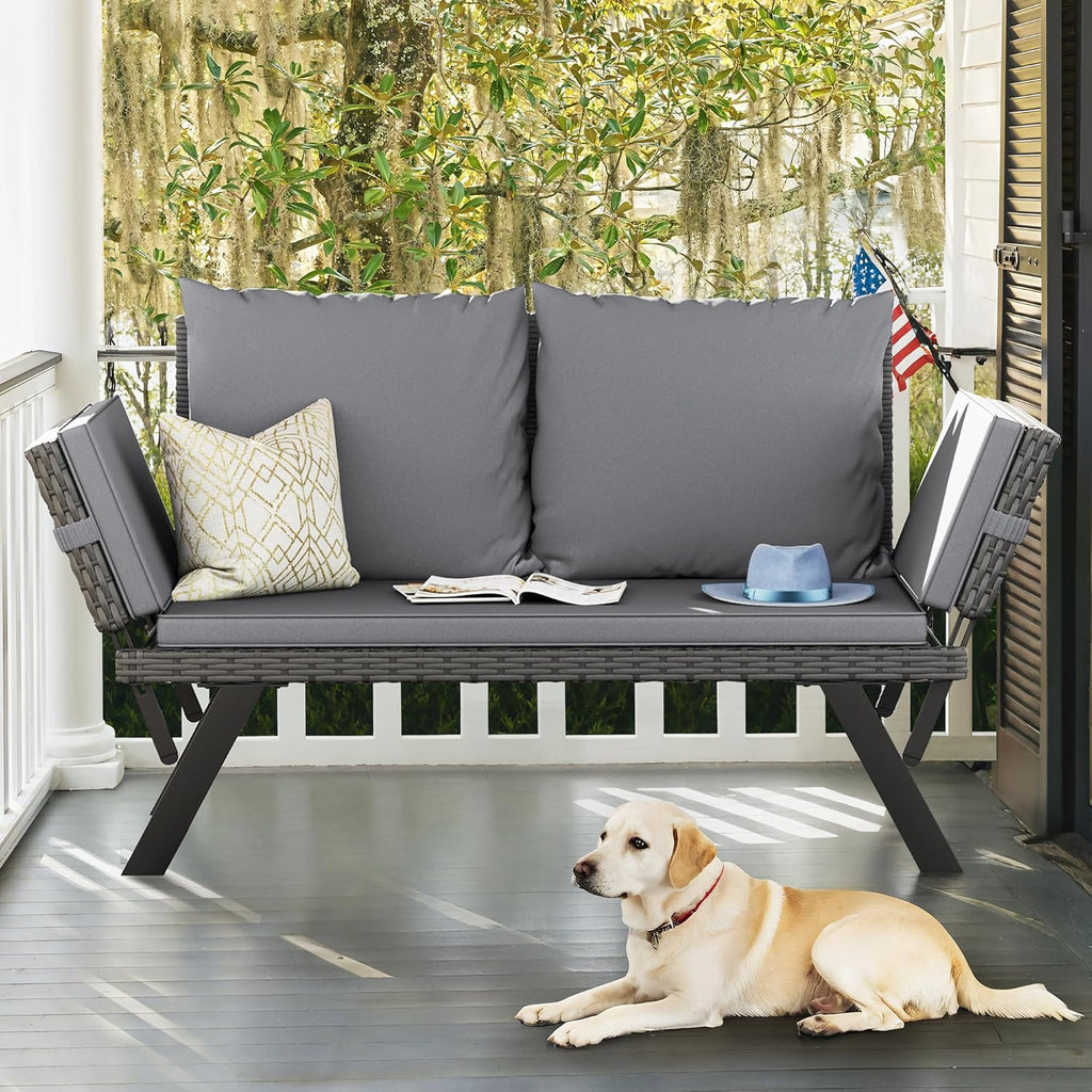 Flamaker Outdoor Convertible Sofa, Woven Rattan Patio Furniture Sunbed with Adjustable Armrests, Removable Cushions and Pillows for Patio, Porch, Pool (Grey Lounger & Grey Pillowcase)