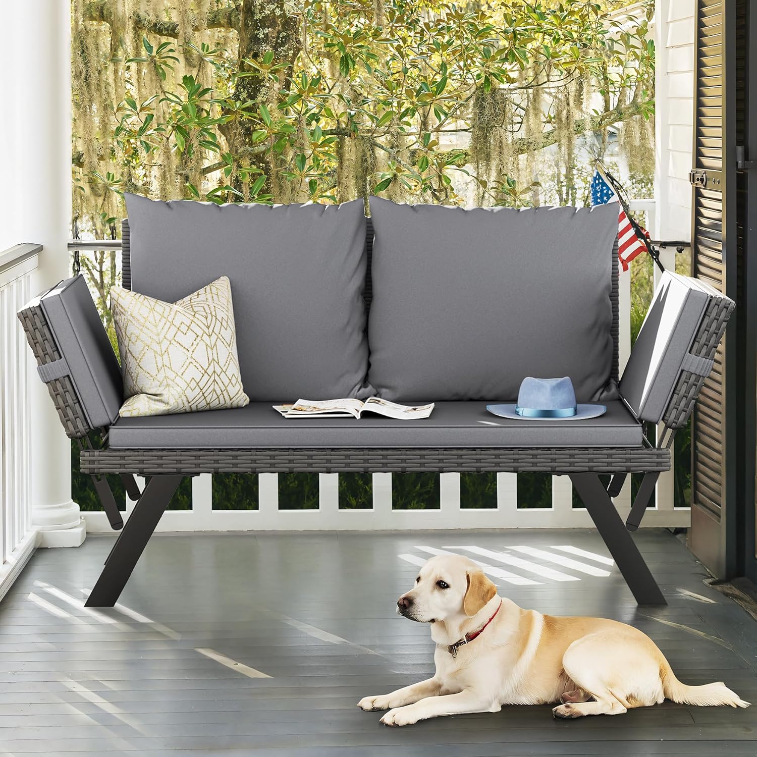 Flamaker Outdoor Convertible Sofa, Woven Rattan Patio Furniture Sunbed with Adjustable Armrests, Removable Cushions and Pillows for Patio, Porch, Pool (Grey Lounger & Grey Pillowcase)