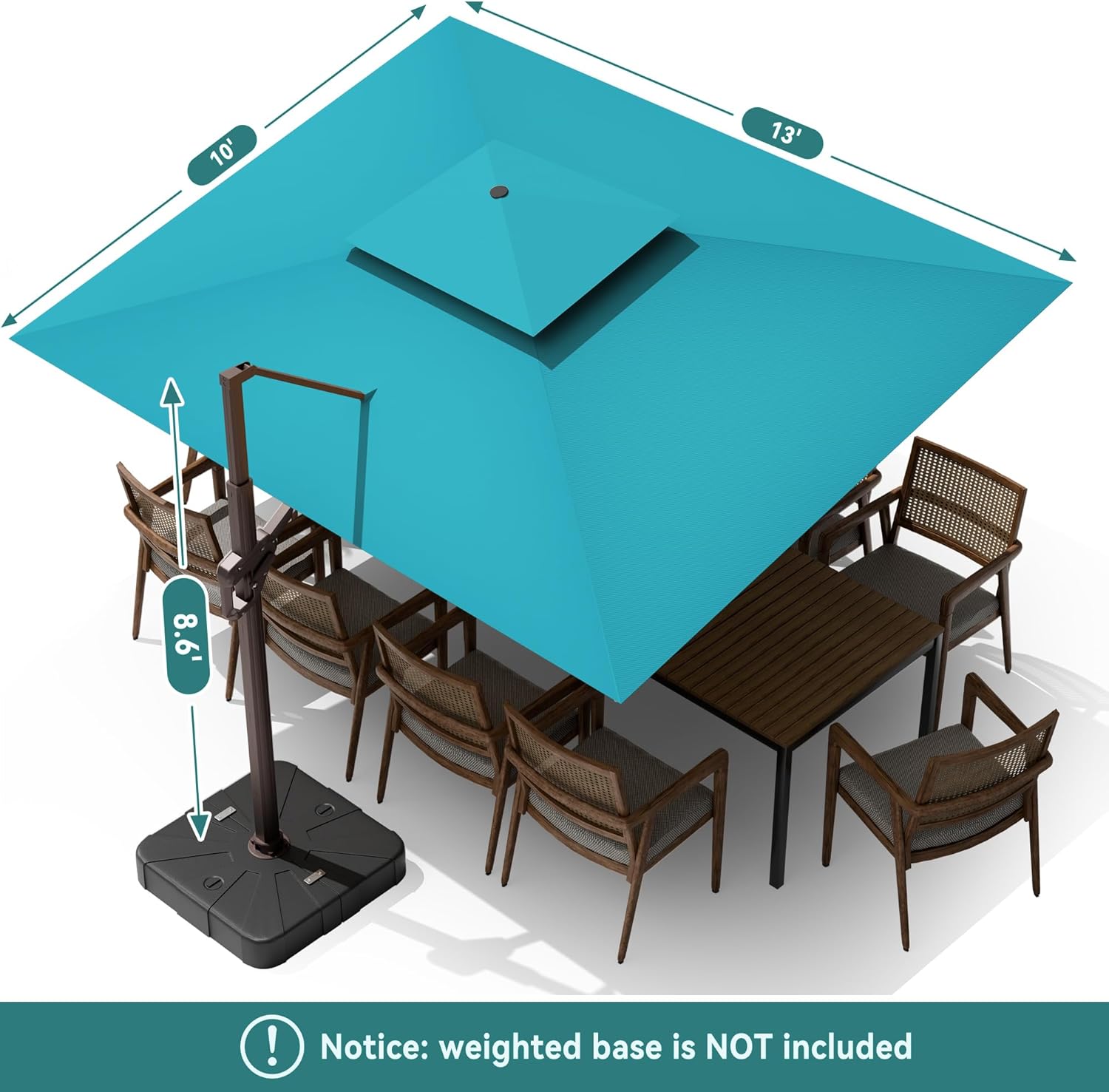 10 X 13 FT Cantilever Outdoor Patio Umbrella with LED Lights Large Heavy Duty 360° Rotation Double Top Offset Rectangular Umbrellas for Backyard Garden Pool Outside Deck, Turquoise