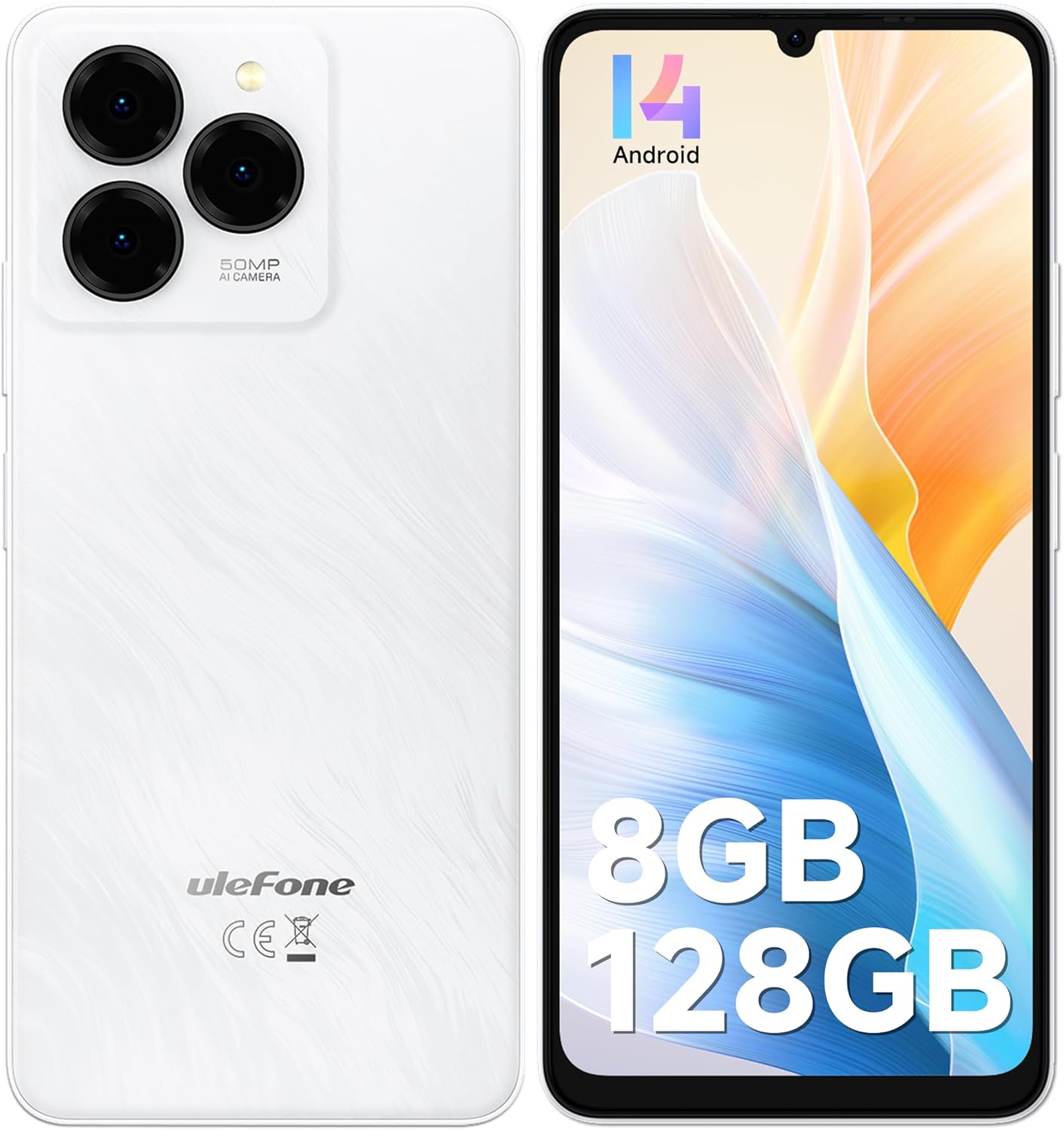 Ulefone Note 20 Pro Phone Unlocked, 8GB+128GB, 8-Core, 6.75" 90Hz Display, Android 14, 50MP AI Camera, 6000mAh Battery, Dual 4G LTE, Fingerprint/Face Unlocked Smartphone, Widevine L1, GPS, White