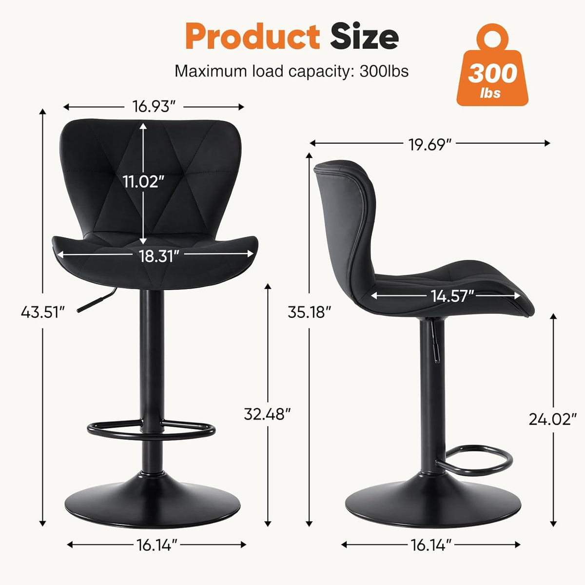 Sweetcrispy Modern Bar Stools Set of 4, Adjustable Faux Leather Upholstered Swivel Bar Stools, Counter Height Bar Chairs with Back for Kitchen Island, Black