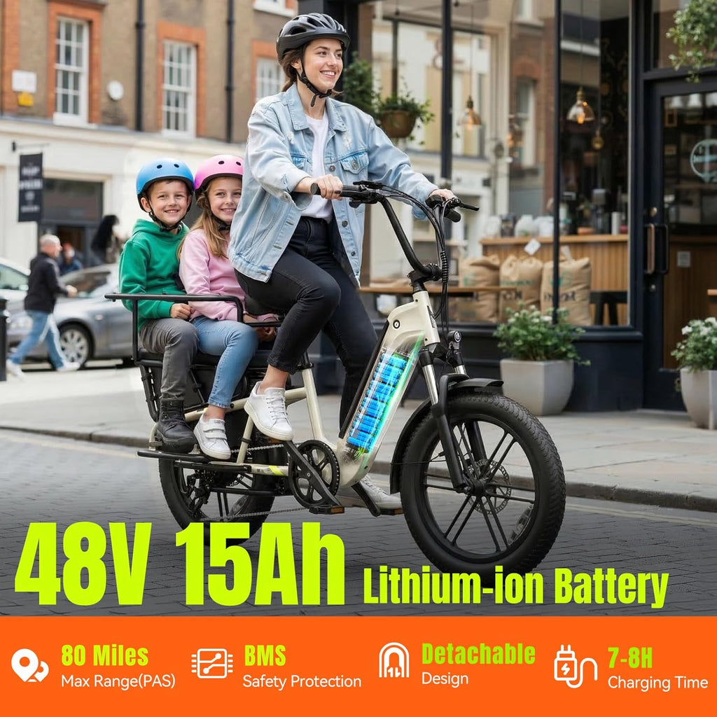 SISIGAD Family Electric Bike with Child Seat - Peak 1500W Motor, 20" Fat Tire Ebike, 48V 15Ah Removable Battery, Step-Through Frame, Dual Hydraulic Brakes .LCD & APP Control, UL 2849 Certification